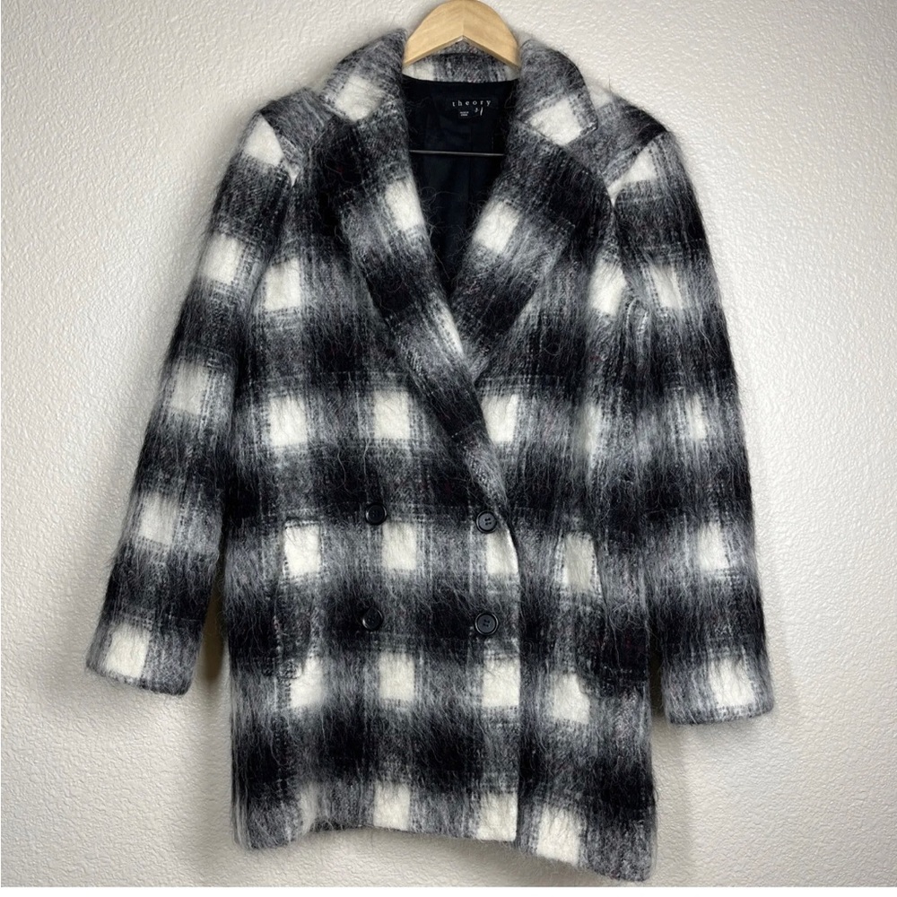 Theory Shaggy Pea Coat Cafe Lithe Wool Blend Black/White Check